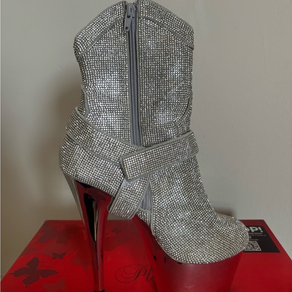 Pleaser Silver Rhinestone Platform Heeled Ankle Boots - Picture 4 of 6